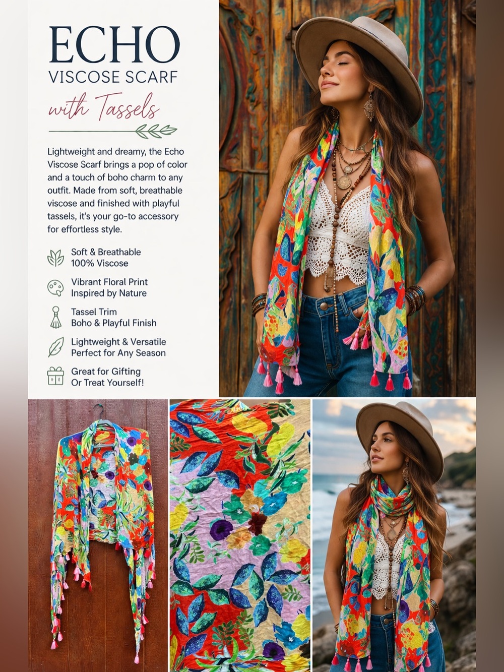 Echo Floral Tassel Scarf Wrap Boho Festival Lightweight Viscose Statement Shawl